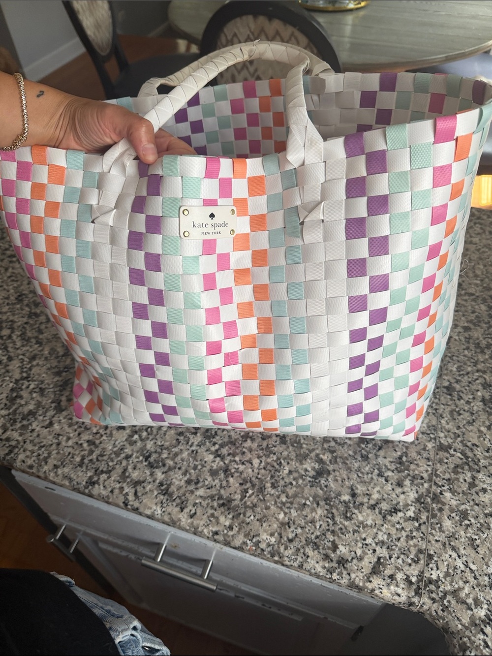 kate spade White Multicolor Woven Check Tote